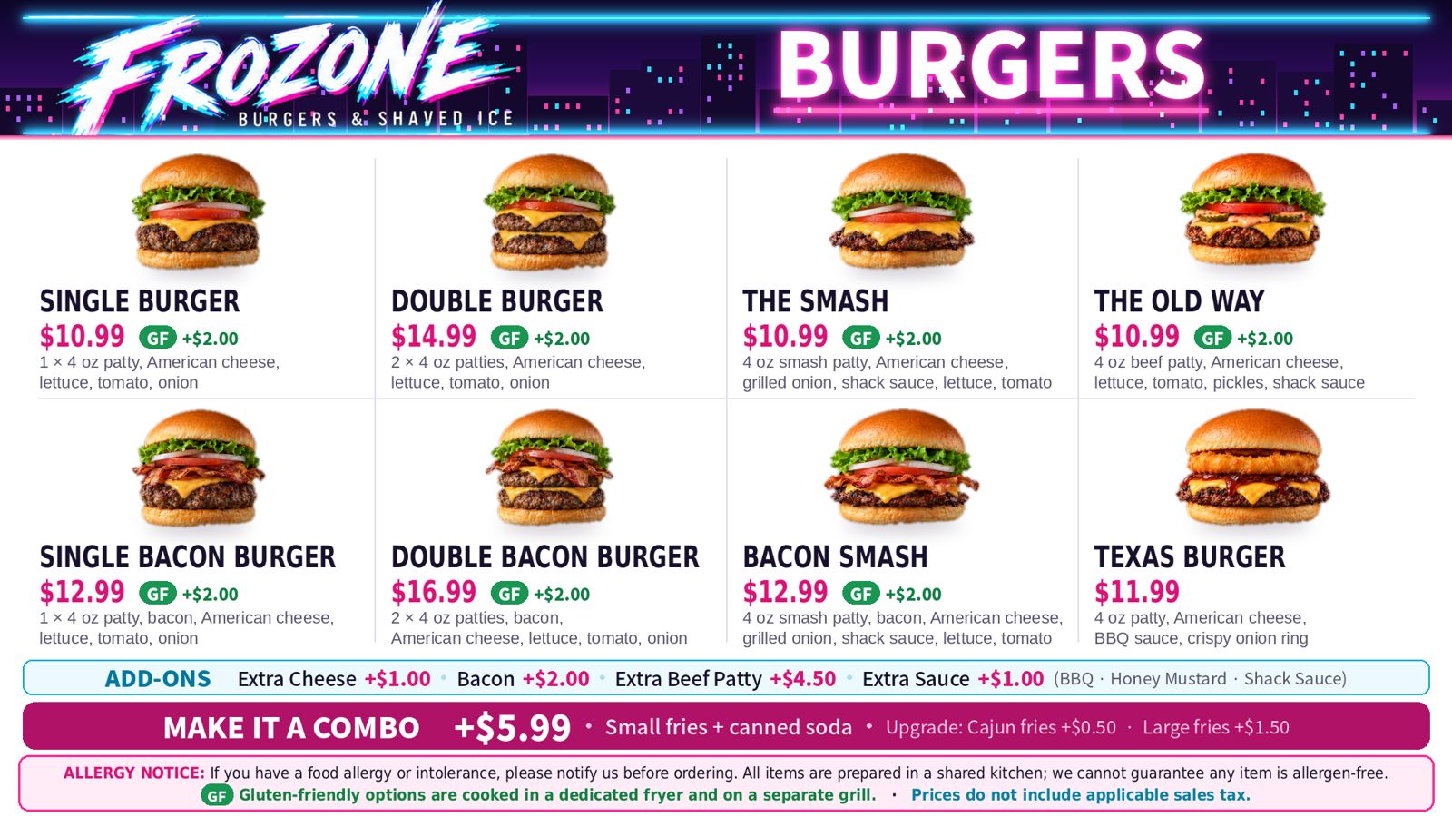 Frozone burgers menu screen