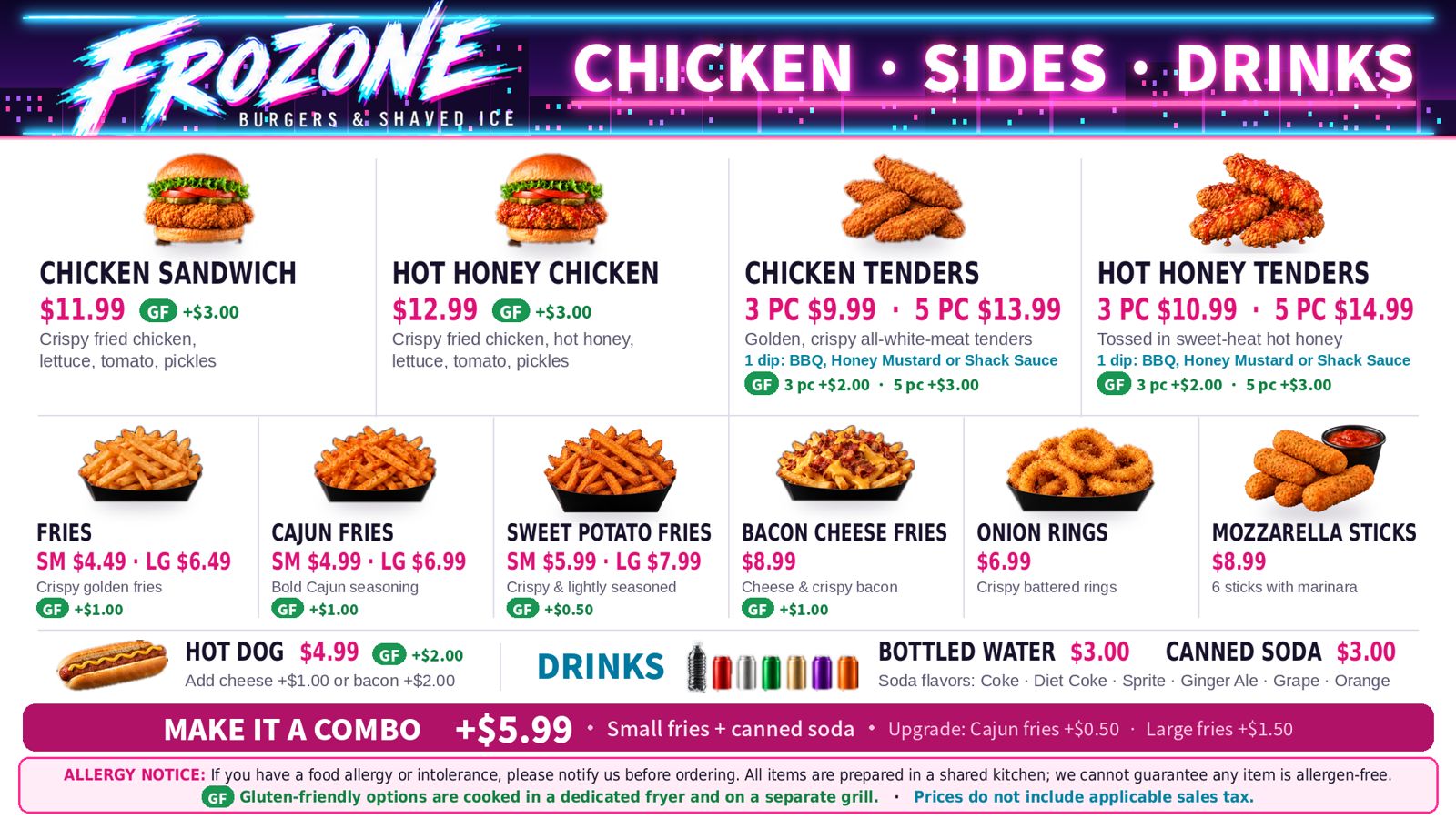 Frozone chicken, sides and drinks menu screen