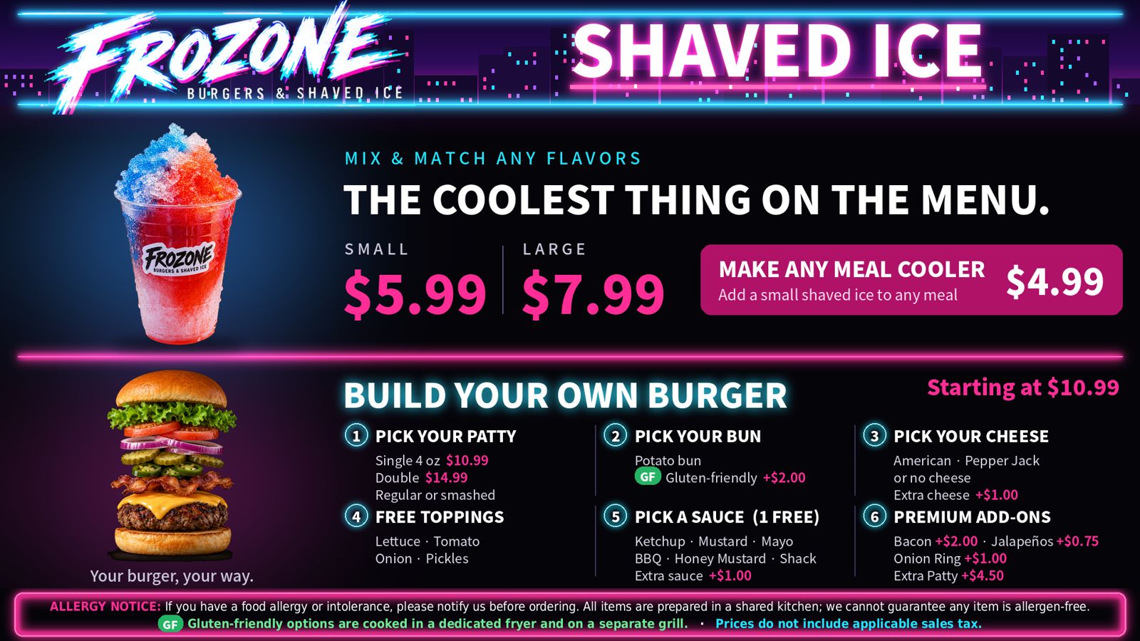 Frozone shaved ice and build-your-own burger menu screen
