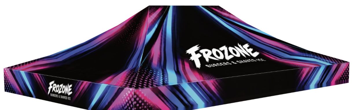 The Frozone event tent with neon pink and blue canopy